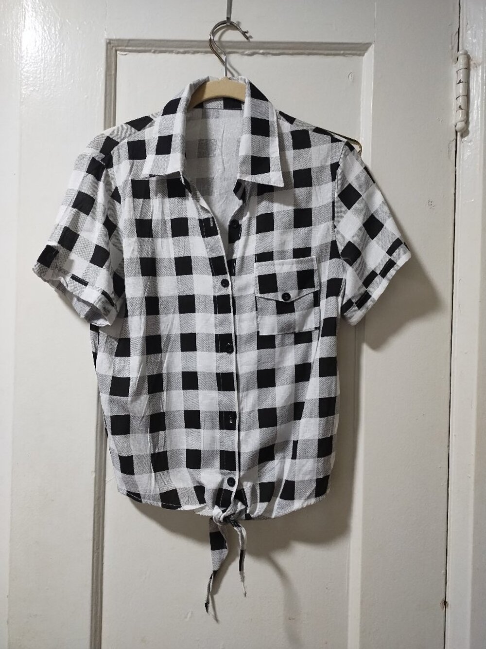 black and white checkered lightweight summer blouse